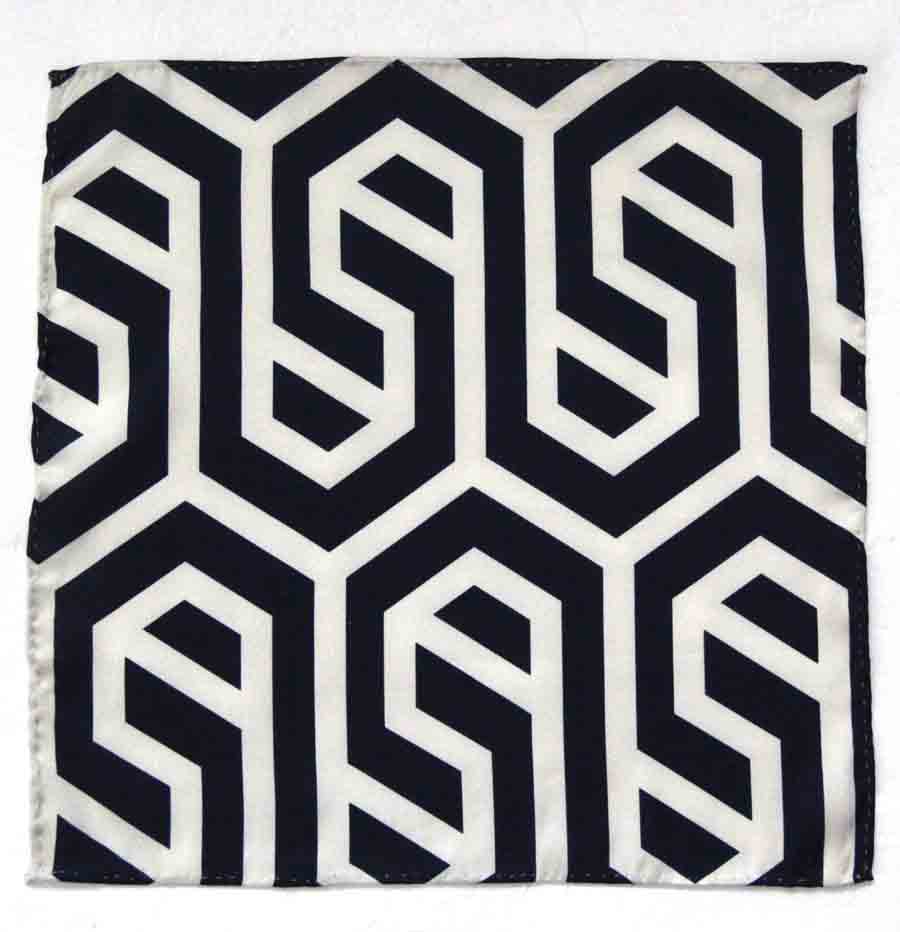 Gascoigne Hand Stitched Italian Silk Pocket Square Navy Blue White Geometric Men's