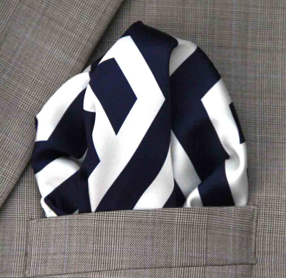 Gascoigne Hand Stitched Italian Silk Pocket Square Navy Blue White Geometric Men's