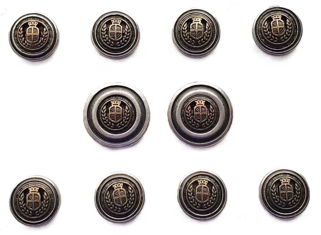 Vintage Jack Victor Blazer Buttons Set Gray Gold Metal Brass Crown Shield Pattern R1K Men's