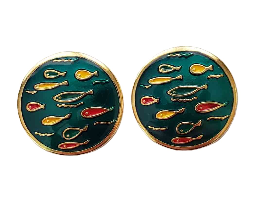 Two New Fish Pattern Brass and Enamel Blazer Buttons Red Green Gold Men's