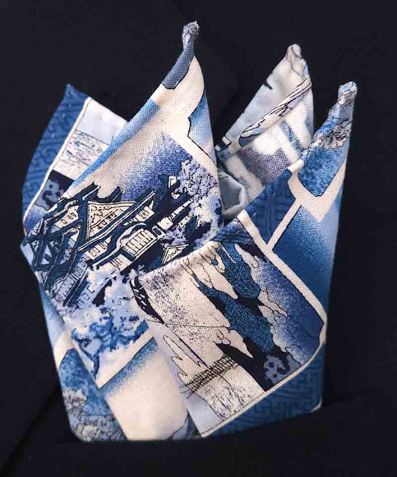 Gascoigne Hand Stitched Japanese Cotton Pocket Square Blue White Men's