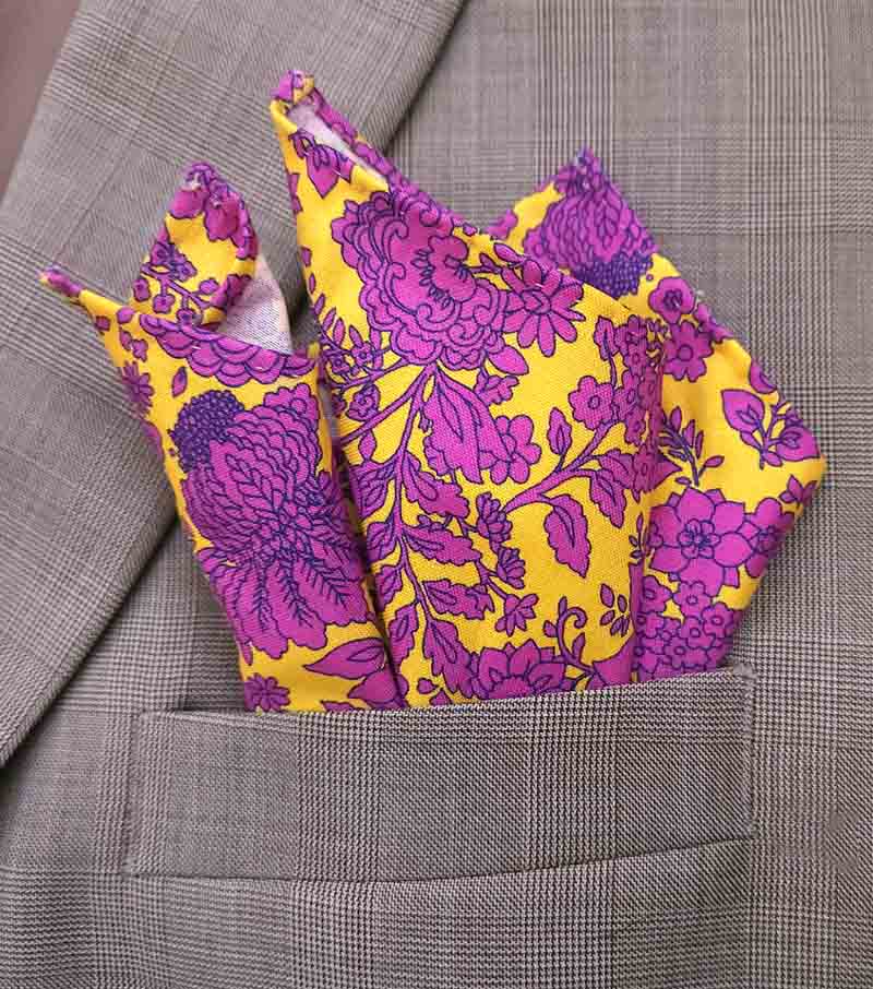 gascoigne hand stitched purple and yellow cotton pocket square