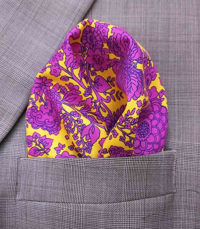 gascoigne hand stitched purple and yellow cotton pocket square
