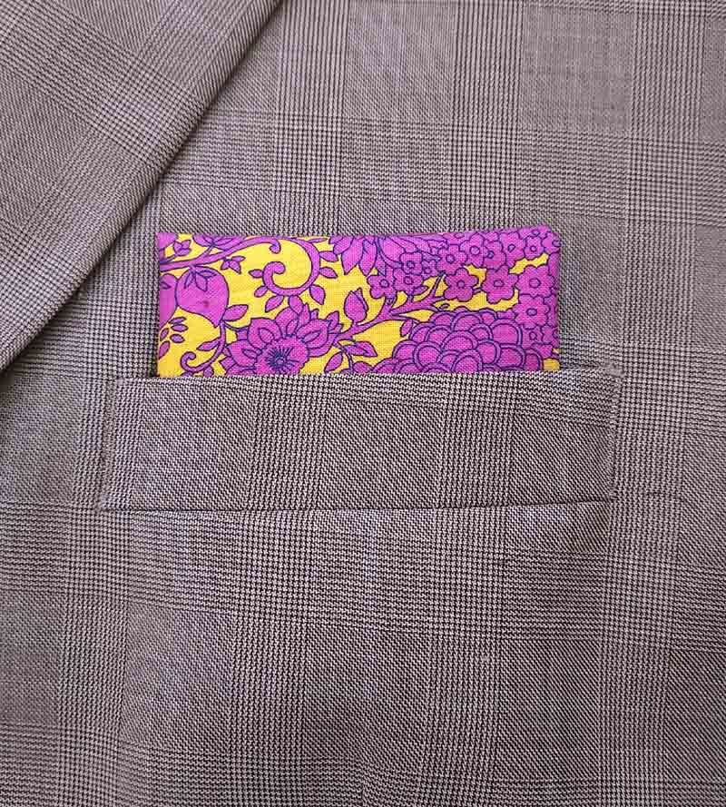 gascoigne hand stitched purple and yellow cotton pocket square