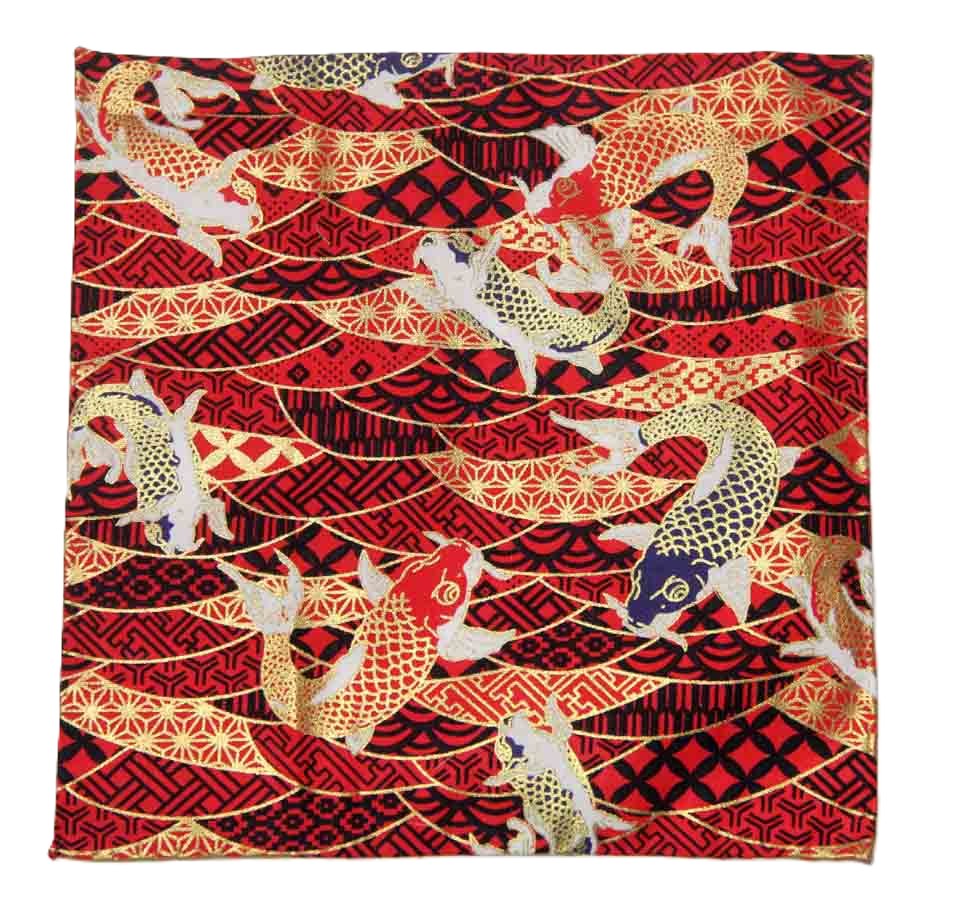 Hand Stitched Sewn Pocket Square Japanese Kimono Pattern Red Black Metallic Gold Cotton