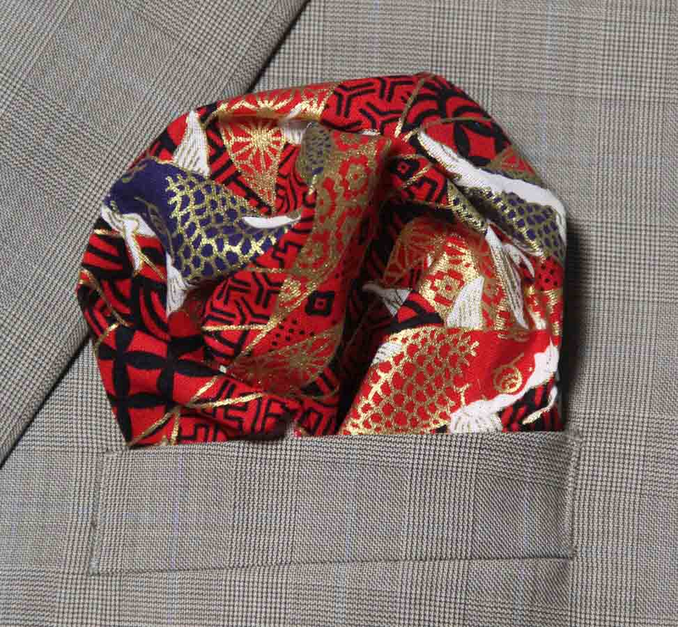 Hand Stitched Sewn Pocket Square Japanese Kimono Pattern Red Black Metallic Gold Cotton