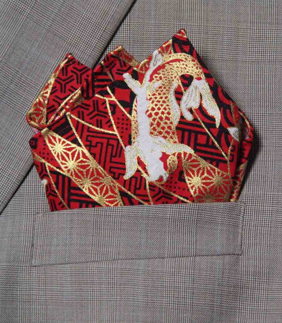 Hand Stitched Sewn Pocket Square Japanese Kimono Pattern Red Black Metallic Gold Cotton