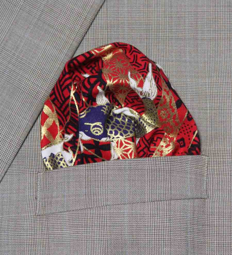 Hand Stitched Sewn Pocket Square Japanese Kimono Pattern Red Black Metallic Gold Cotton