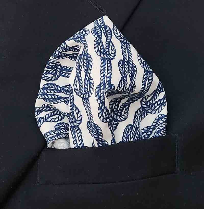 Gascoigne Hand Stitched Pocket Square Cotton Blue White Sailor's Knot Men's