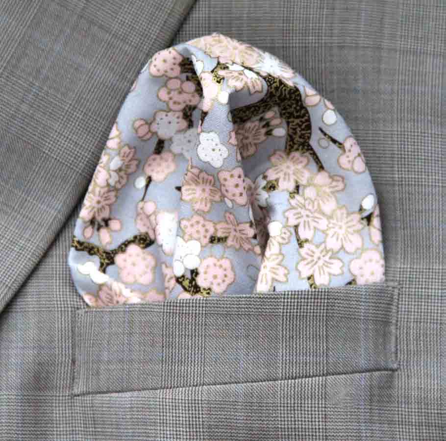 Gascoigne Hand Stitched Pocket Square Japanese Kimono Fabric Floral Pattern Men's