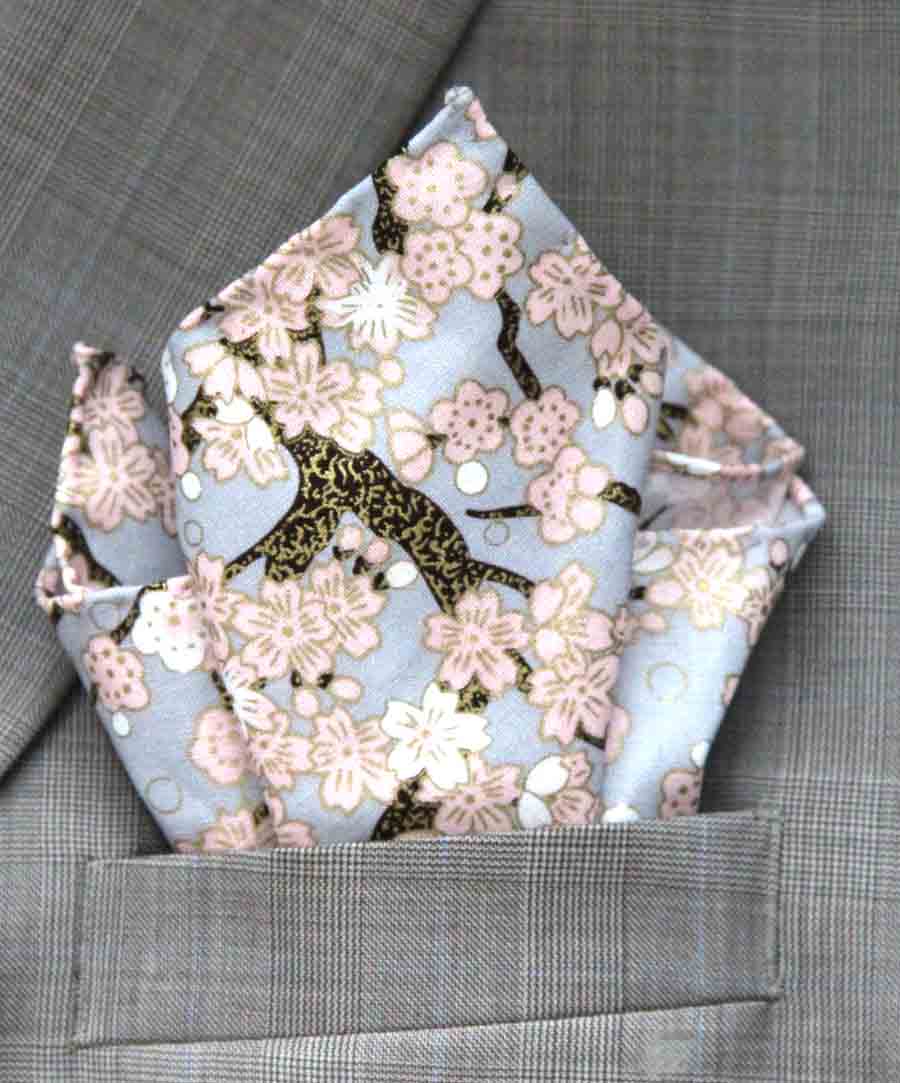 Gascoigne Hand Stitched Pocket Square Japanese Kimono Fabric Floral Pattern Men's