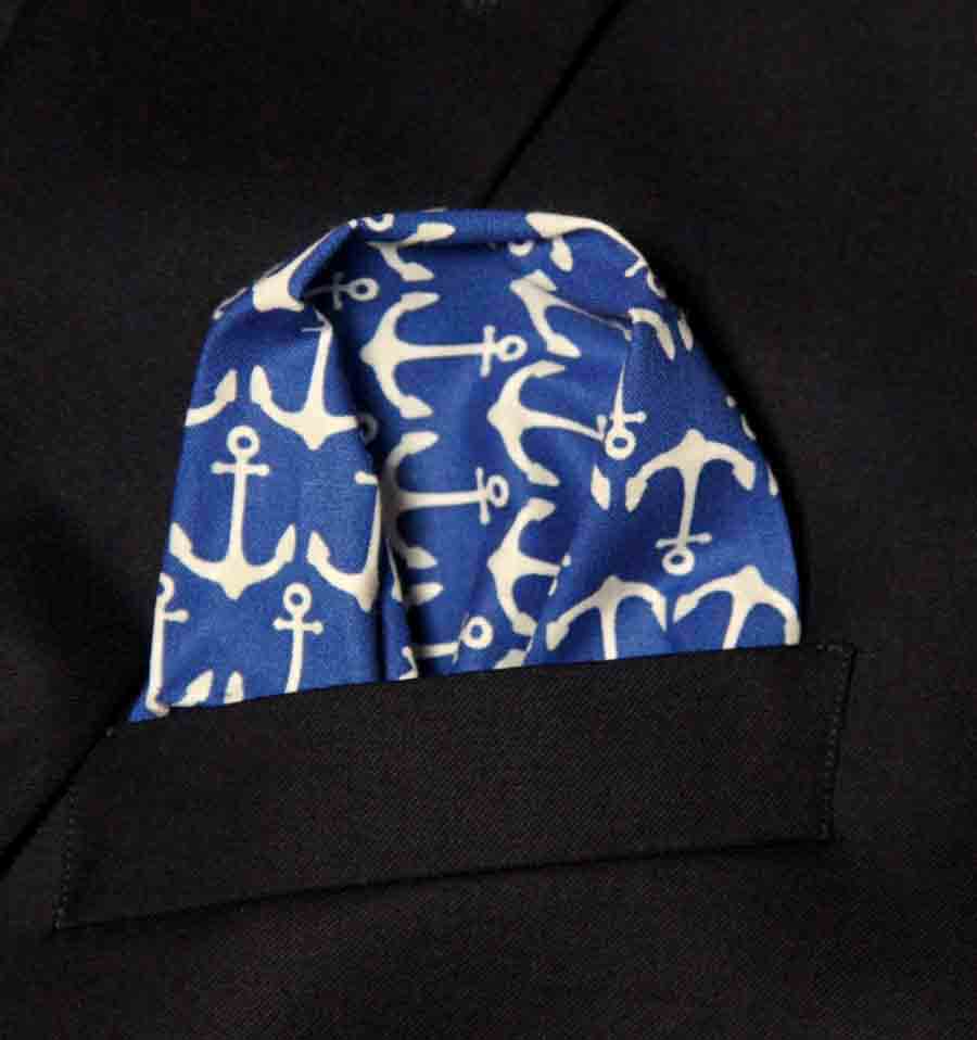 Gascoigne Hand Stitched Pocket Square Blue White Nautical Anchor Pattern Men's