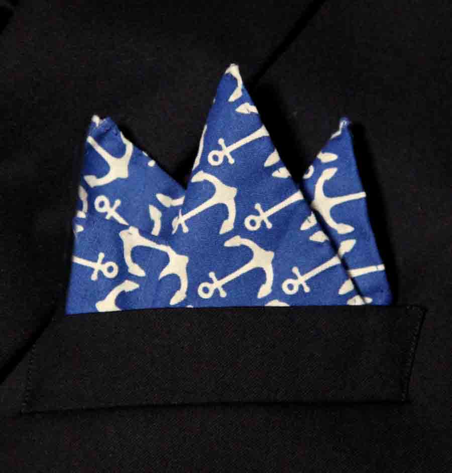 Gascoigne Hand Stitched Pocket Square Blue White Nautical Anchor Pattern Men's