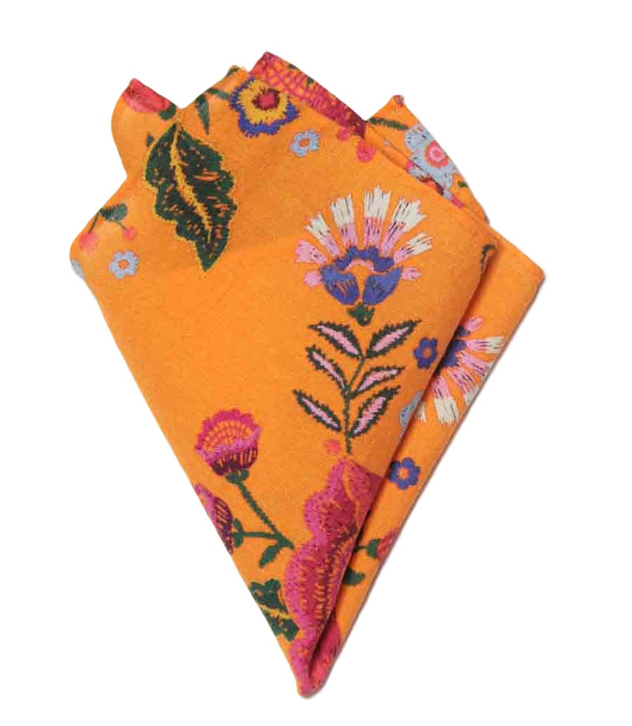 Gascoigne Hand Stitched Pocket Square Orange Cotton Floral Men's