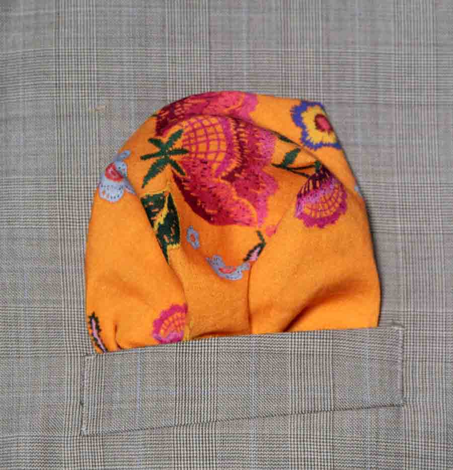 Gascoigne Hand Stitched Pocket Square Orange Cotton Floral Men's