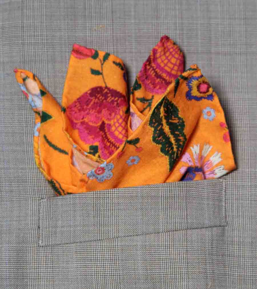 Gascoigne Hand Stitched Pocket Square Orange Cotton Floral Men's