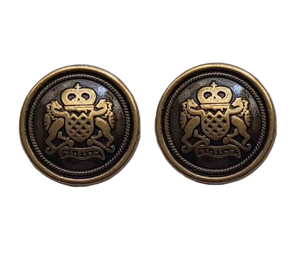 Two Antique Gold and Brown Semidome Blazer Buttons Brass Griffins Crown Shield Unisex F9Y
