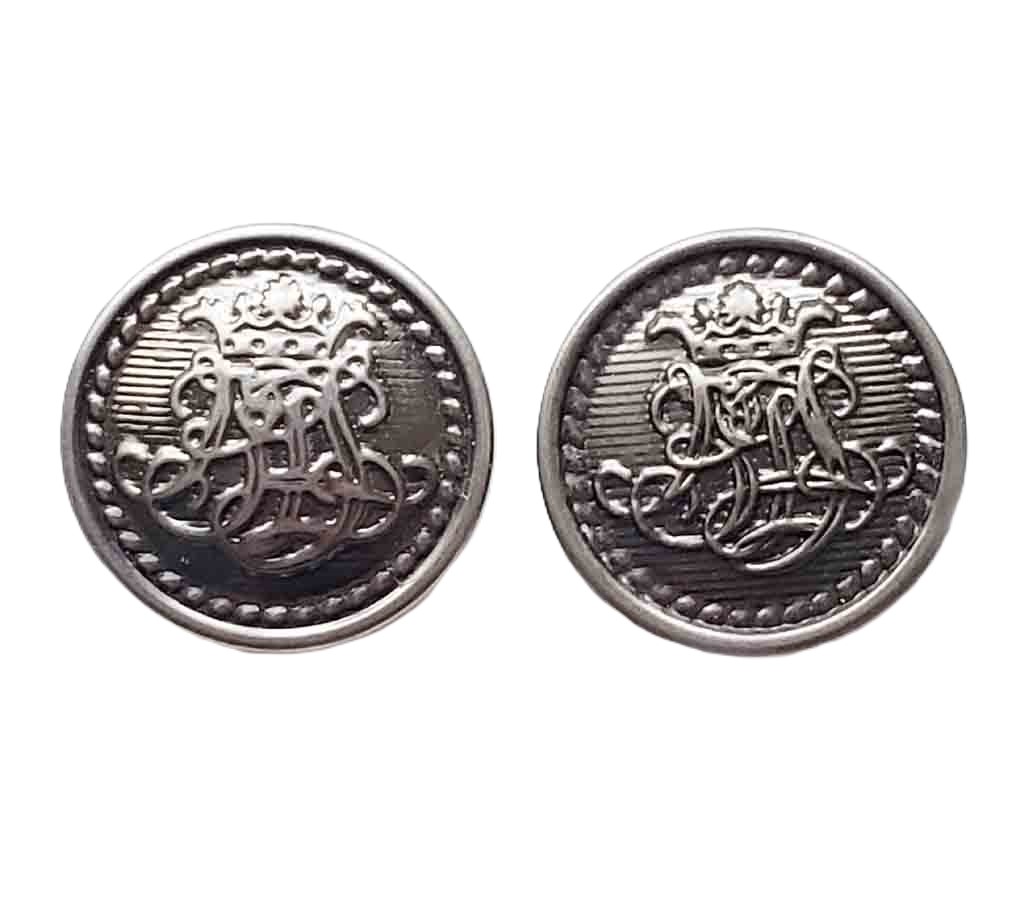 Two NEW B and L Scripted Monogram Metal Blazer Buttons Silver Gray Shank Back G3L