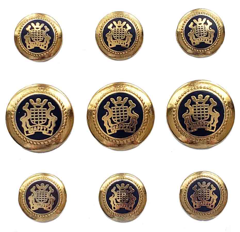 Vintage Gold Brass and Navy Blue Enamel Crown Shield HAPPY Banner Men's 