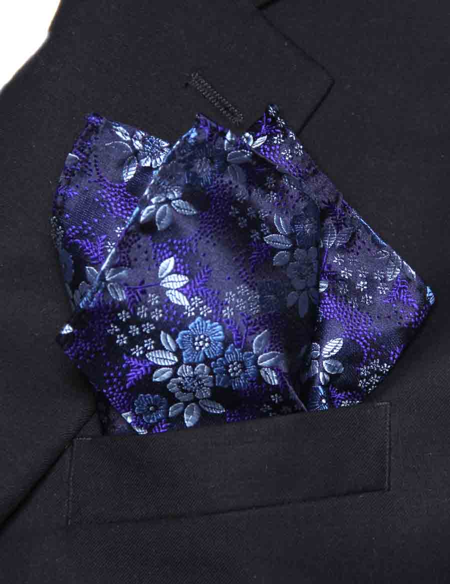 Gascoigne Silk Jacquard Pocket Square Blue Purple Black Gray Floral Men's