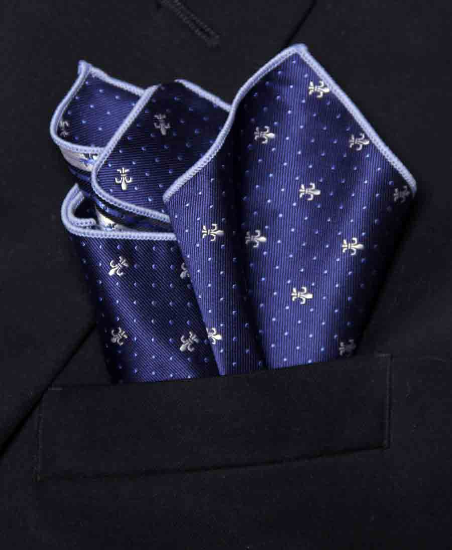 Gascoigne Pocket Square Blue Silk Blend White Fleur de Lis Polka Dot Pattern Men's