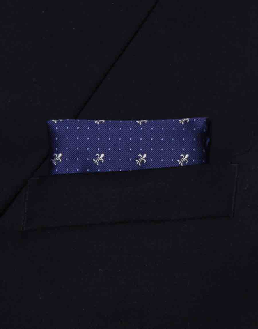 Gascoigne Pocket Square Blue Silk Blend White Fleur de Lis Polka Dot Pattern Men's