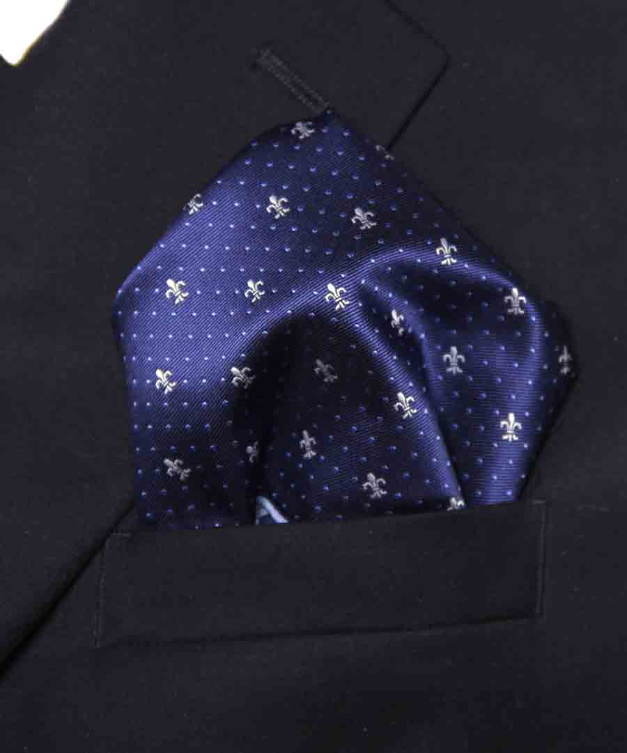Gascoigne Pocket Square Blue Silk Blend White Fleur de Lis Polka Dot Pattern Men's