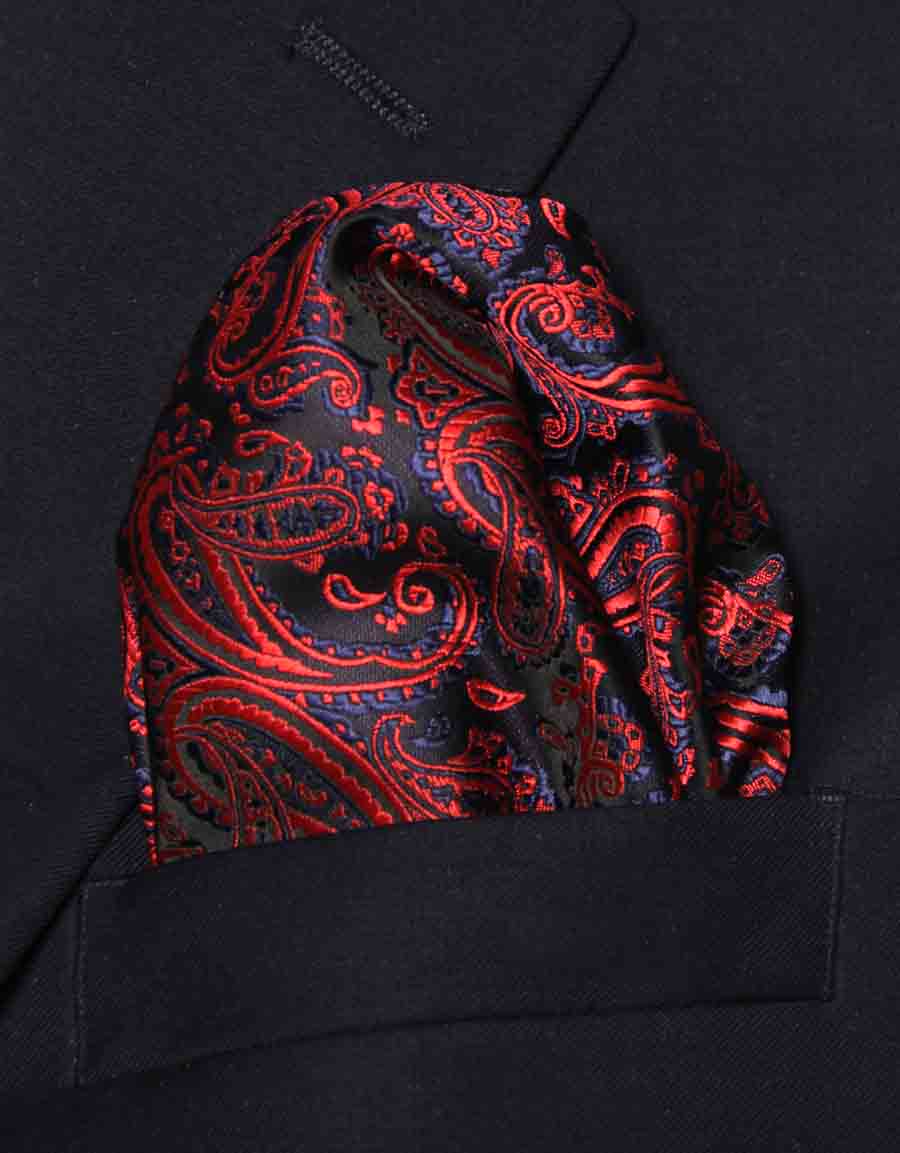 Gascoigne Pocket Square Silk Jacquard Red Blue Black Paisley Men's