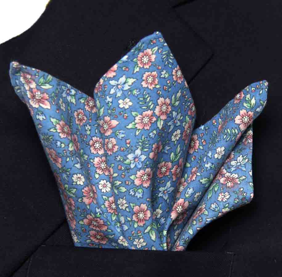 Gascoigne Hand Stitched Pocket Square Blue Pink Green White Floral Cotton Men's