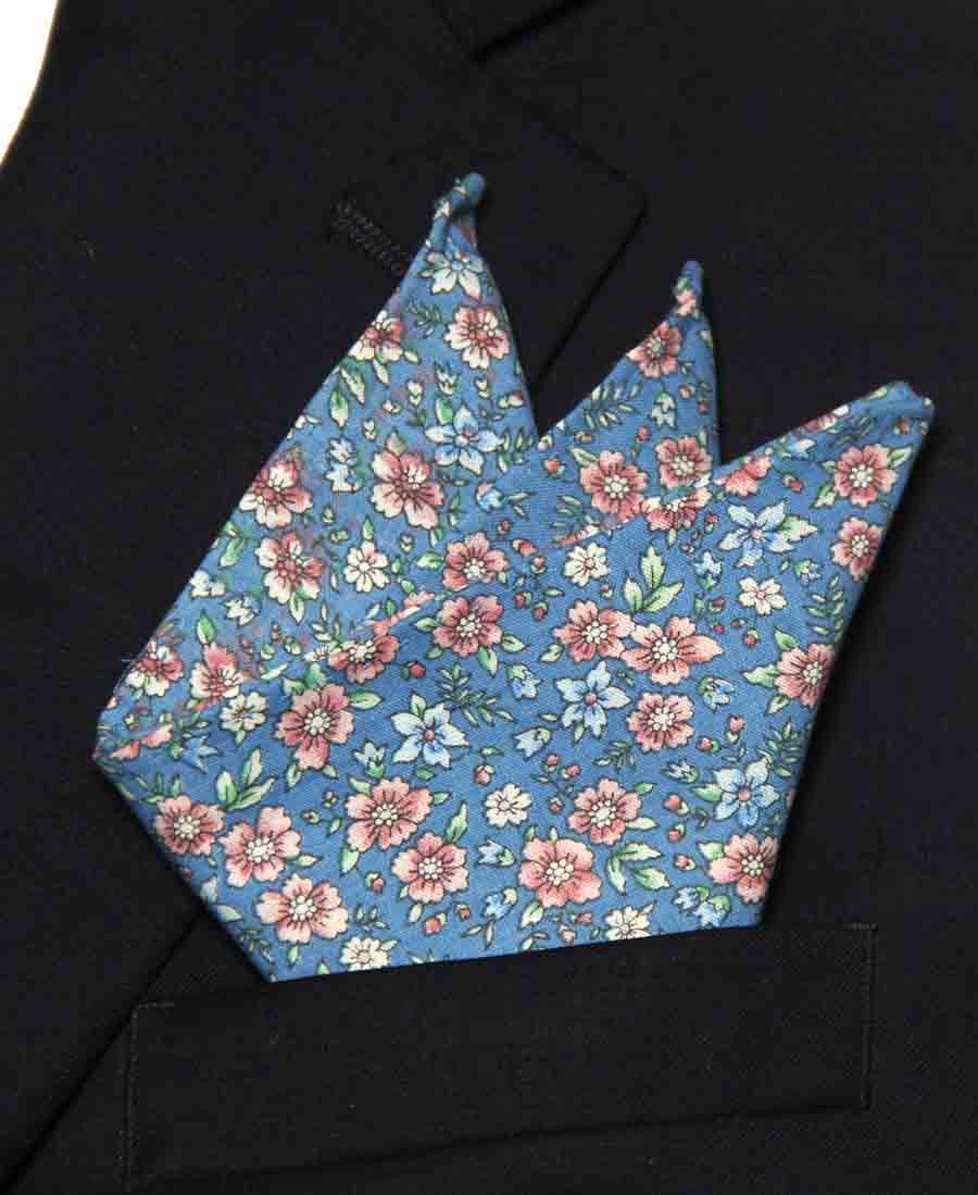 Gascoigne Hand Stitched Pocket Square Blue Pink Green White Floral Cotton Men's