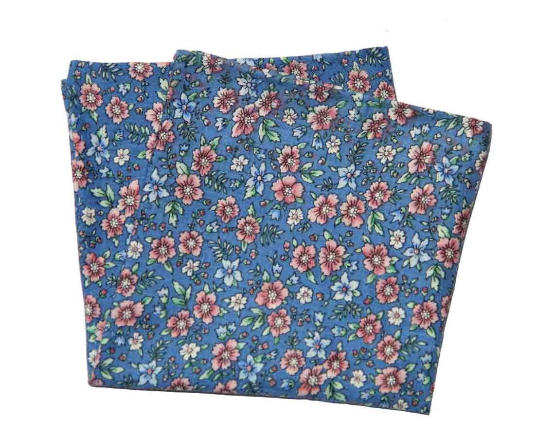 Gascoigne Hand Stitched Pocket Square Blue Pink Green White Floral Cotton Men's