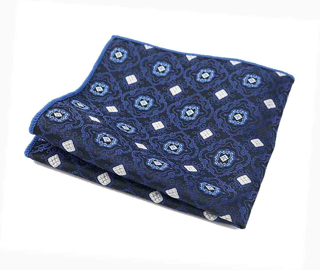Gascoigne Pocket Square Navy Blue White Geometric Men's