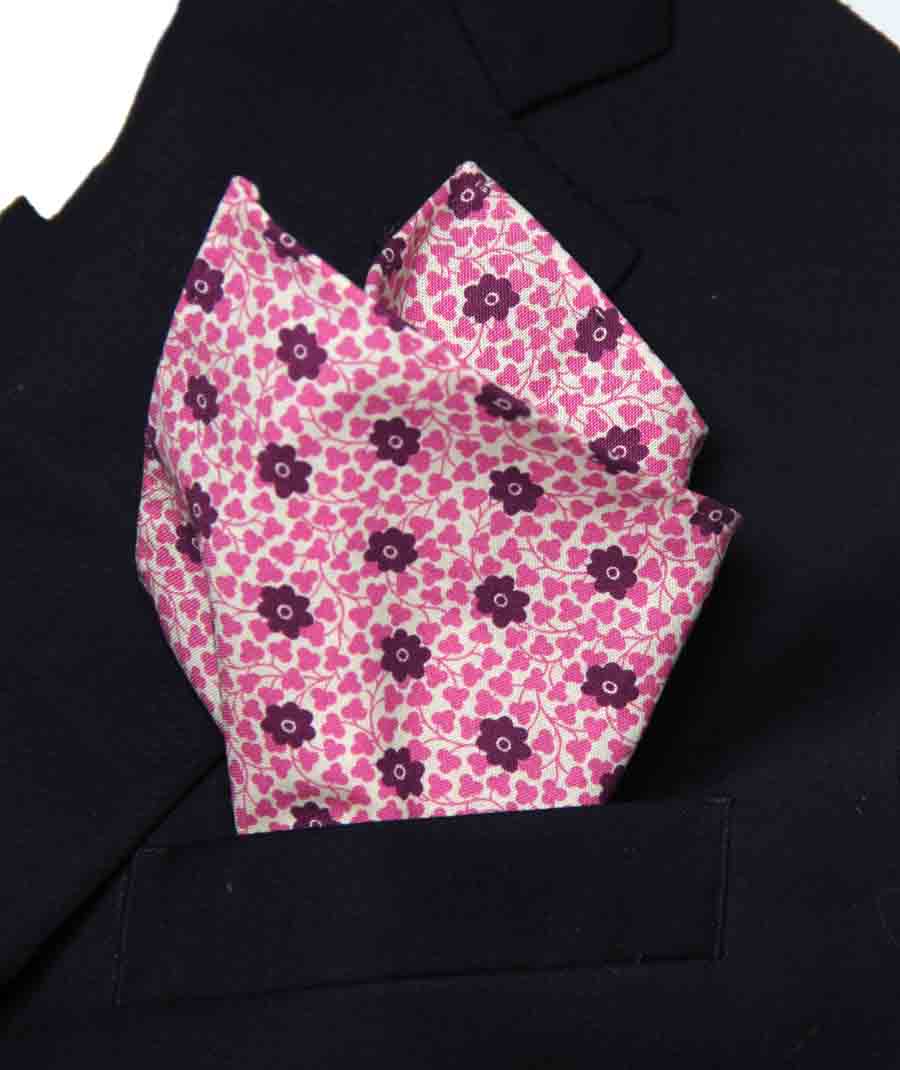 Hand Stitched Pocket Square Chelsea Flower Shop Midnight Garden Fabric Floral Pink White Purple Men's