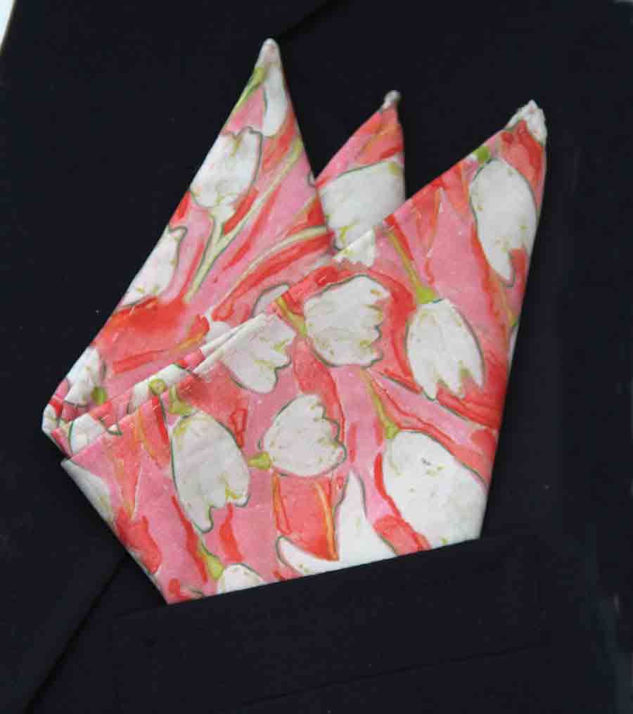 Hand Stitched Cotton Pocket Square Tulip Bloom Floral Pink White Green Men's