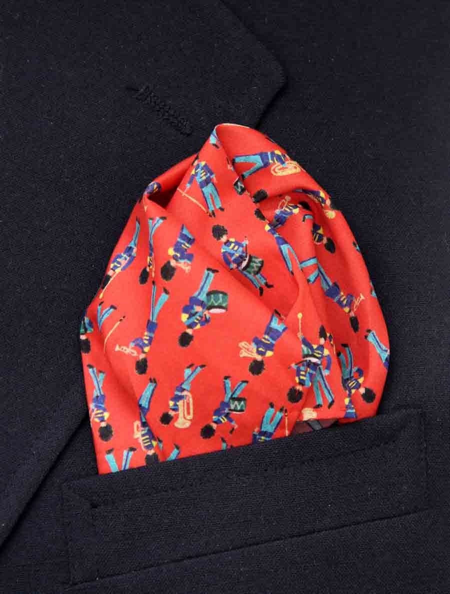 Hand Stitched Pocket Square Italian Tana Lawn Organic Cotton Red Blue Musical March Pattern Men's