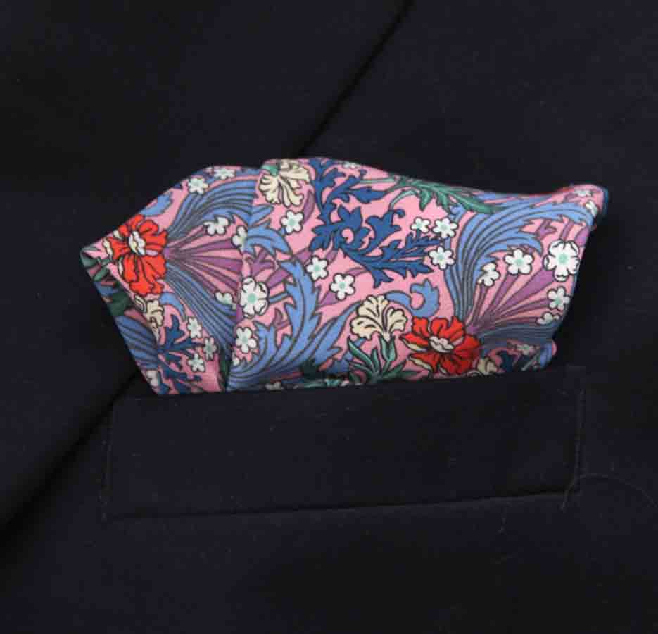 Hand Stitched Sewn Belgravia Silk Satin Fabric Pocket Square Bronwyn Floral Pattern Men's