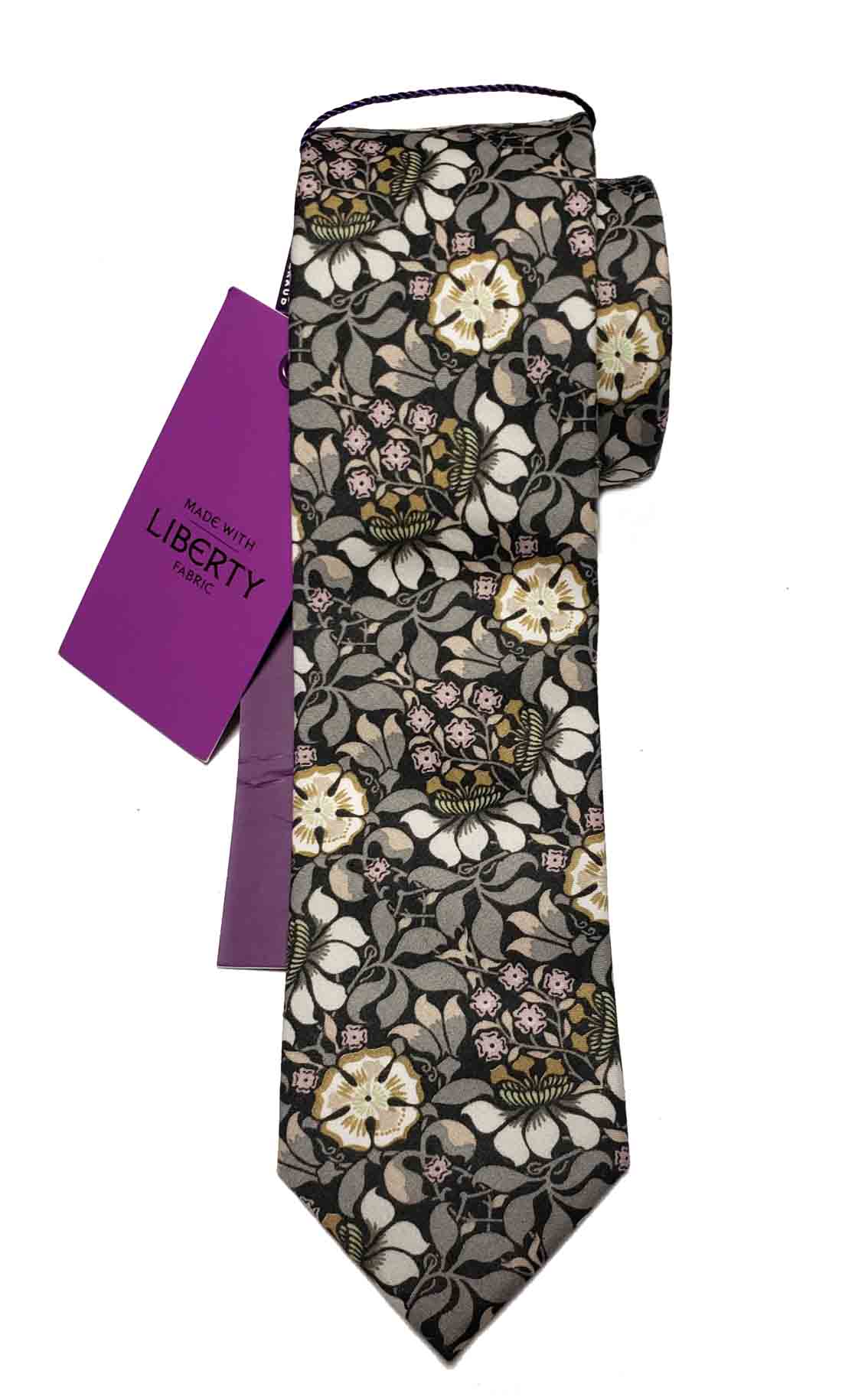 Gianni Feraud Liberty of London Fabric Tie Floral Gray Black Pink Cotton Men's Long Slim Tie