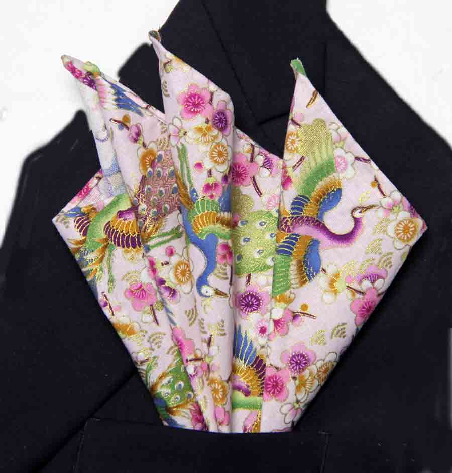 Men's Gascoigne Pocket Square Japanese Kimono Bronzed Cotton Fabric Gilding  Floral Cranes Men's