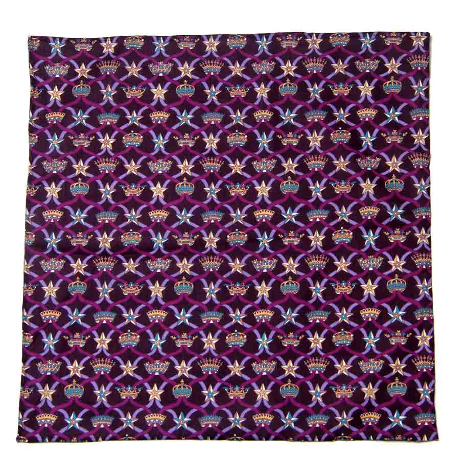Hand Stitched Italian Organic Lawn Cotton Fabric Pocket Square Purple Gold Windsor Ribbon Pattern Men's