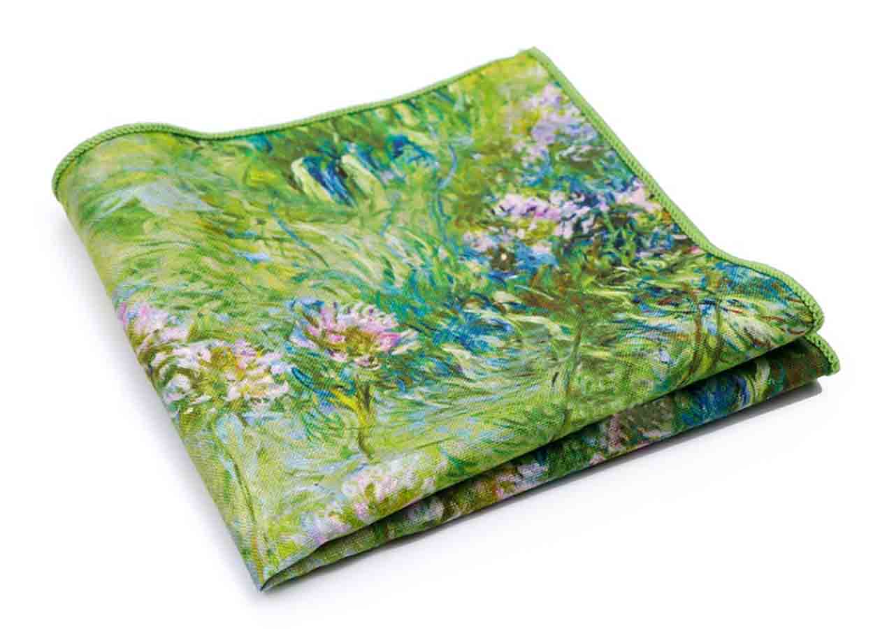 Gascoigne Pocket Square Water Lilly Pattern Green Cotton Men's
