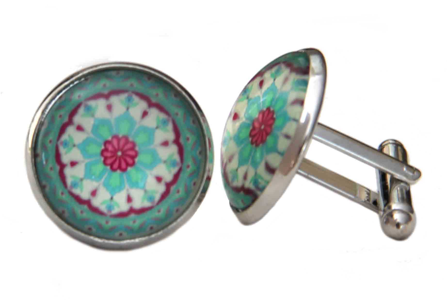 Gascoigne Cufflinks Floral Pattern Silver Metal Alloy Pink Green White Men's