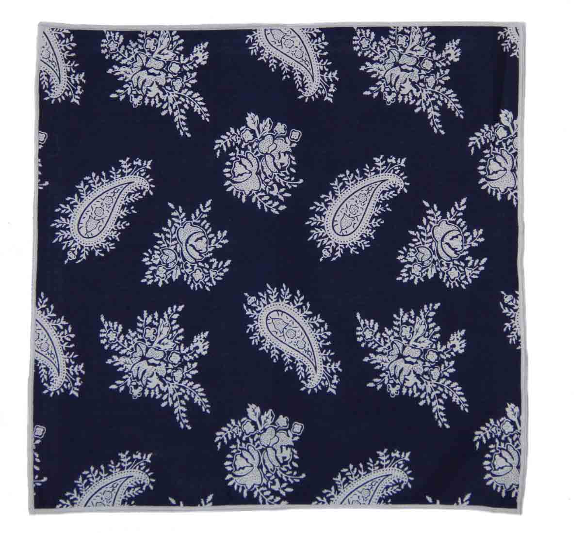 Gascoigne Pocket Square Cotton Navy Blue White Floral and Paisley Men's