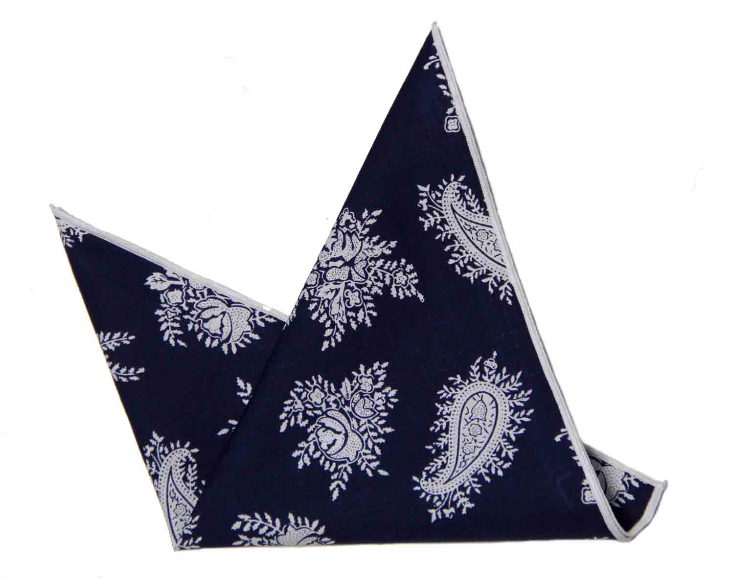 Gascoigne Pocket Square Cotton Navy Blue White Floral and Paisley Men's