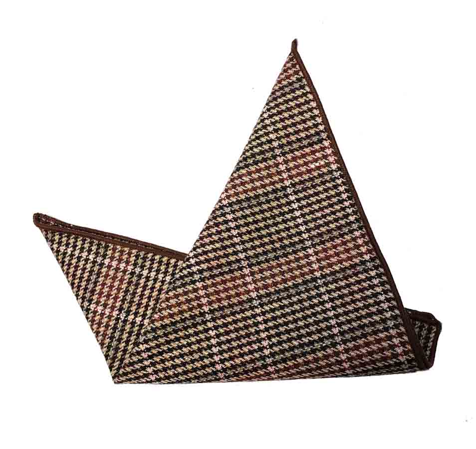 Gascoigne Pocket Square Wool Blend Houndstooth Brown Pink Men's