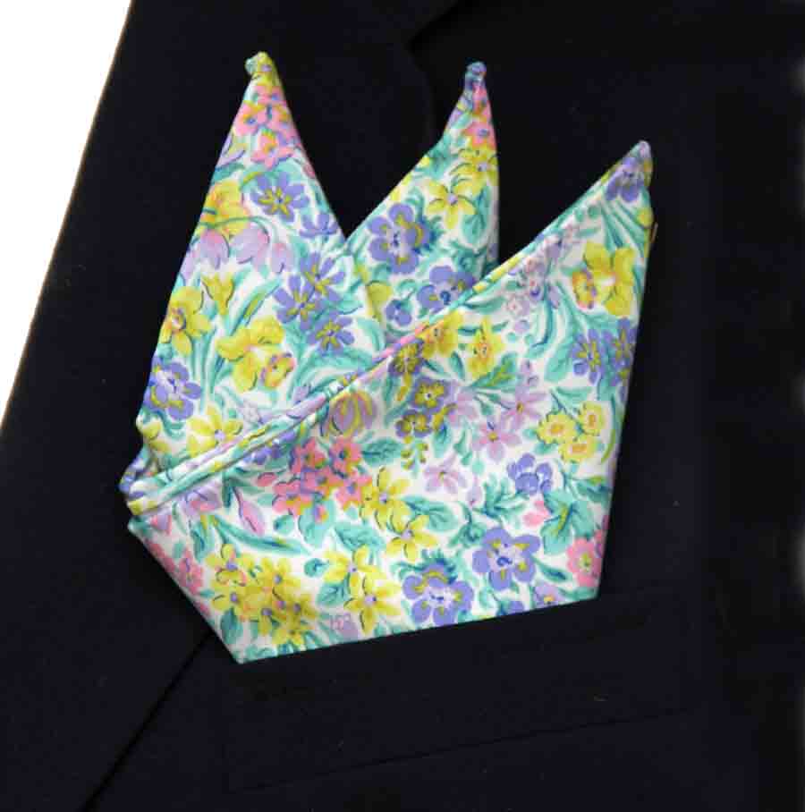 Hand Stitched Pocket Square Tana Lawn Lasenby Cotton Fabric Kew Blooms Floral Men's
