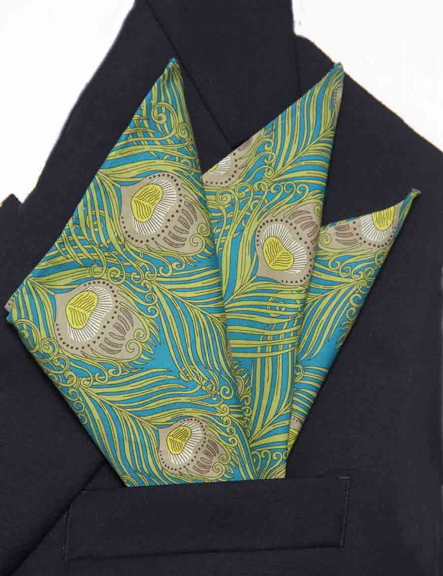 Hand Stitched Lawn Cotton Pocket Square Rolled Hem Caesar Peacock Motif Pattern Men's