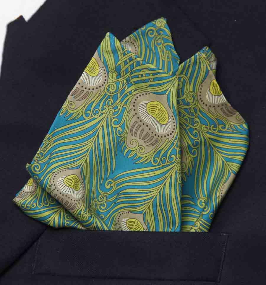 Hand Stitched Lawn Cotton Pocket Square Rolled Hem Caesar Peacock Motif Pattern Men's