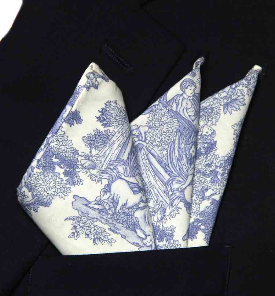 Hand Stitched Toile de Jouy Pattern Pocket Square Cotton White Blue Men's