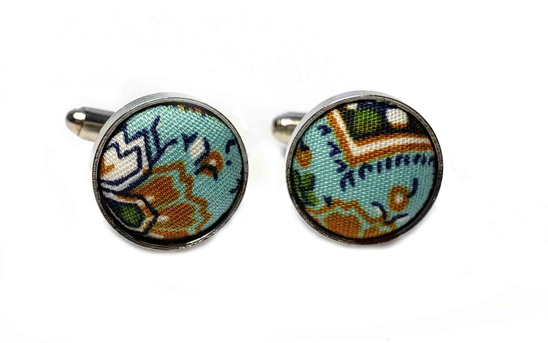 Gascoigne Cufflinks Metal Fabric Paisley Silver Blue Brown White Men's