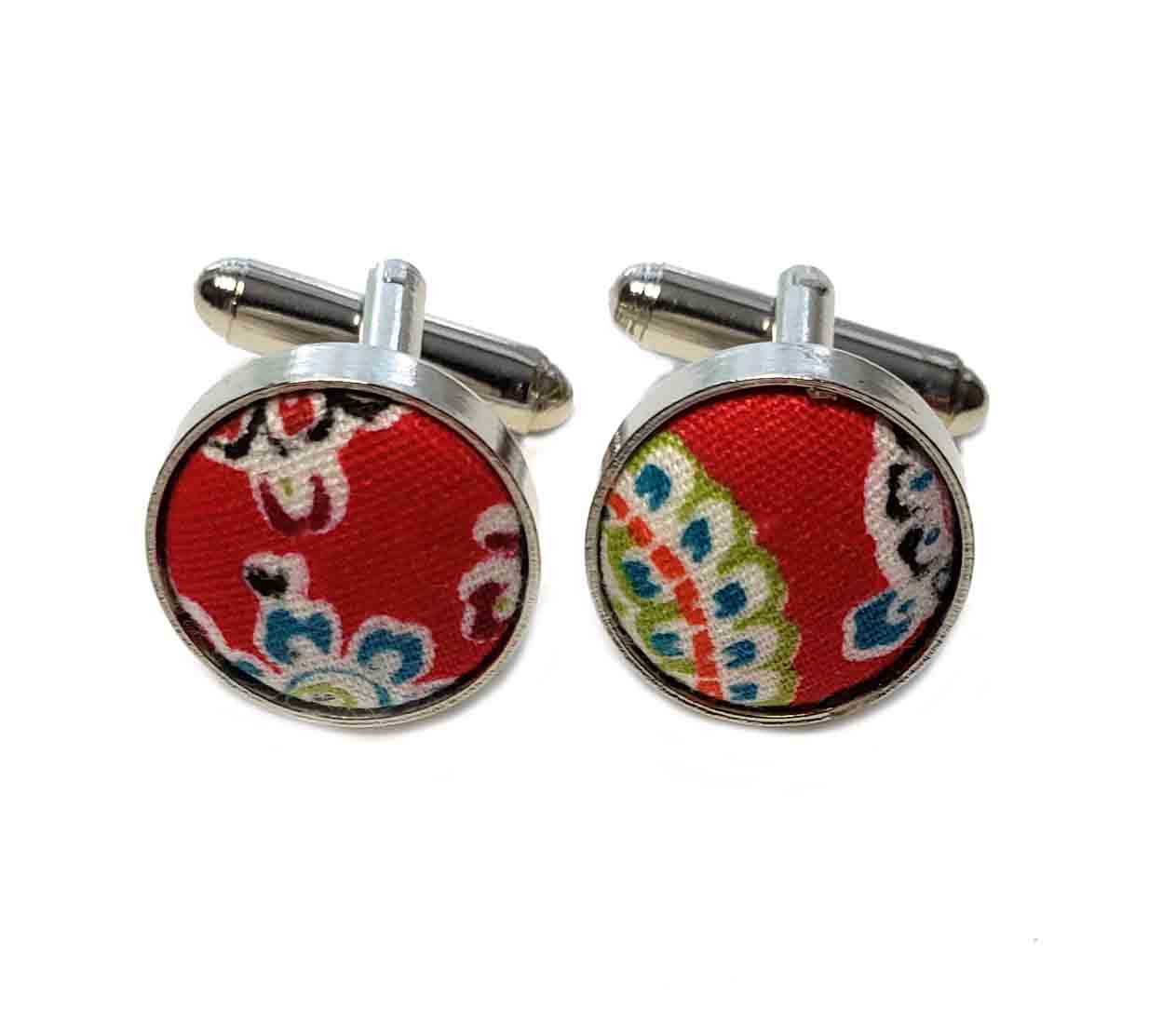 Gascoigne Cufflinks Metal Fabric Paisley Silver Red Blue White Men's 